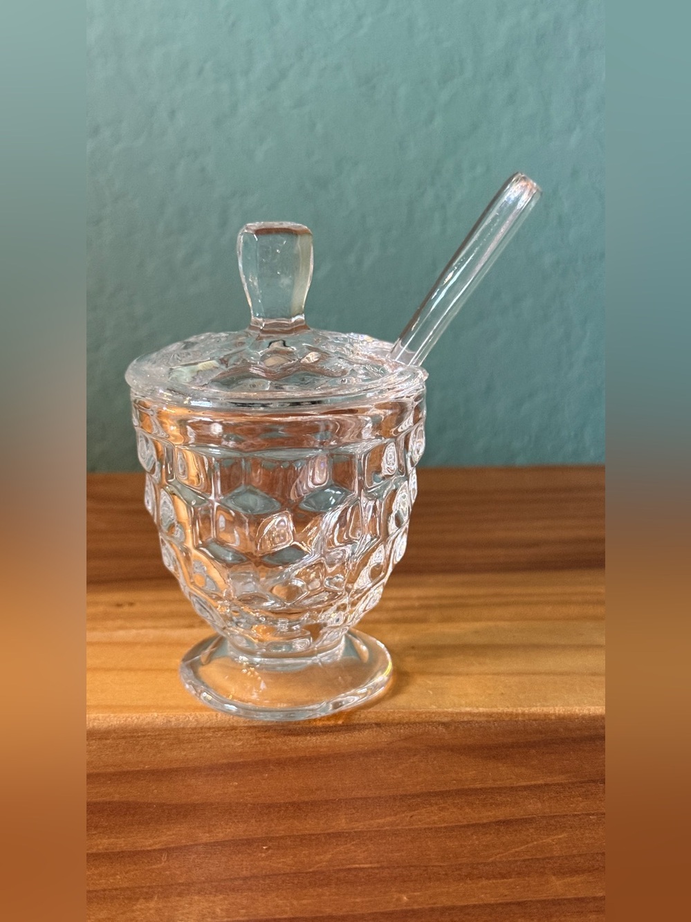 Vintage Clear Glass Jam Honey Jar w Lid Spoon Pedestal Pressed Glass 3.5”